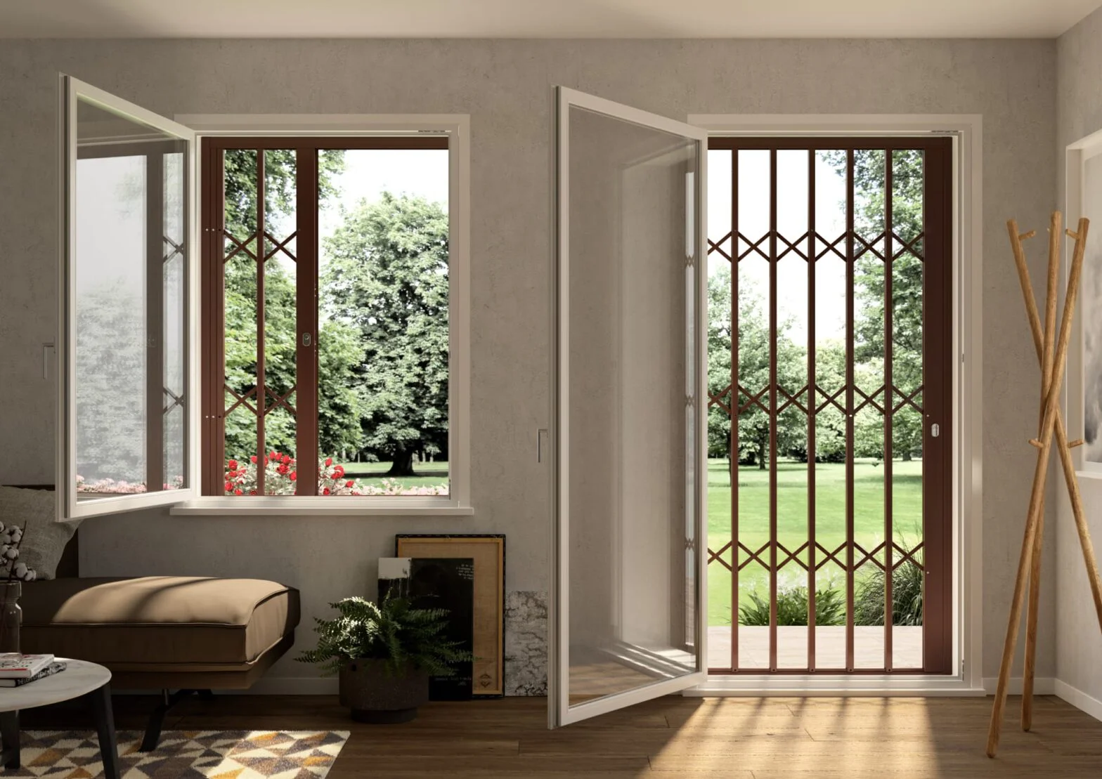 Sicherheitsgitter an Terrassentür – Innenansicht mit Gartenblick